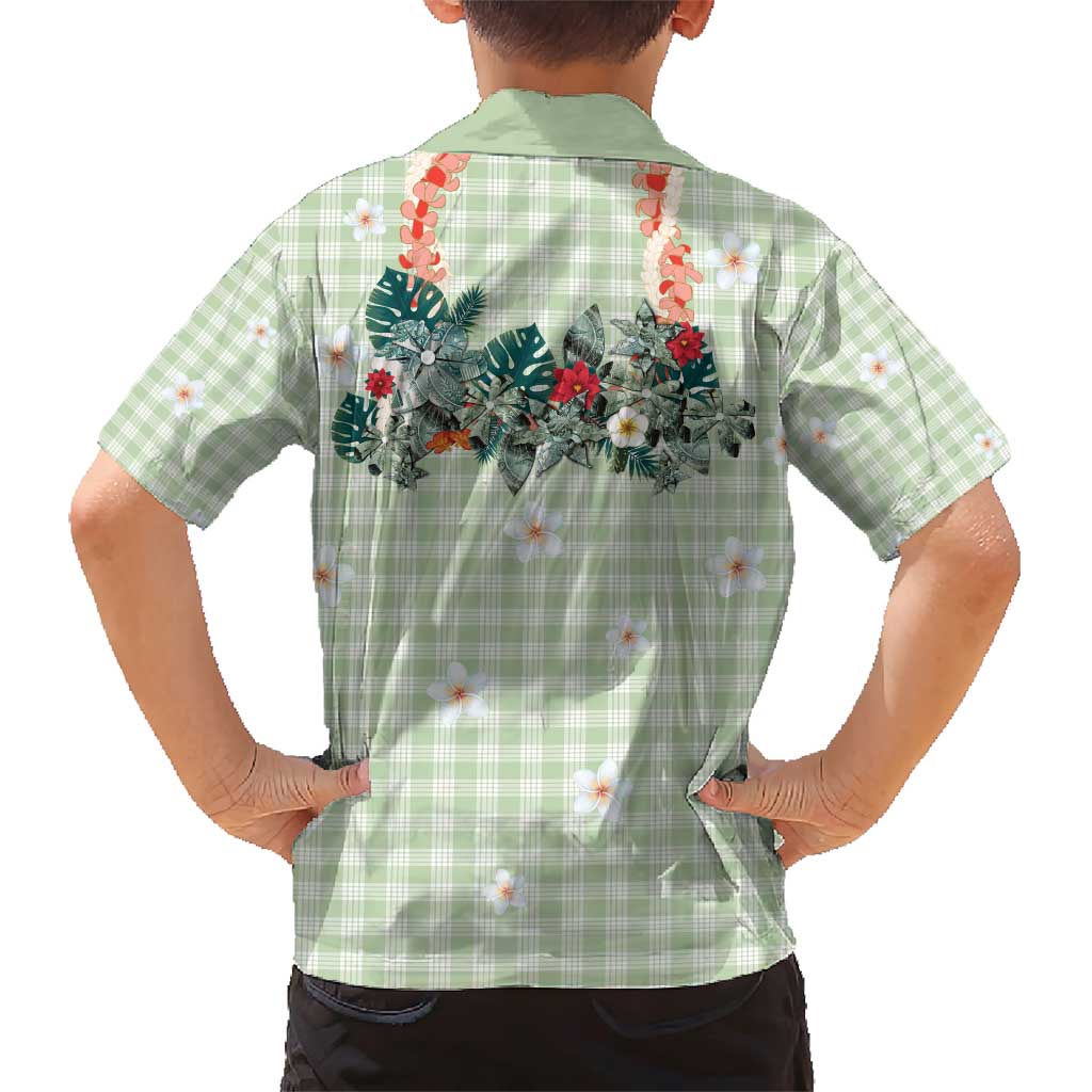 Sage Green Hawaiian Palaka Family Matching Short Sleeve Bodycon Dress and Hawaiian Shirt Kukui Nut Money Lei - Polynesian Pride