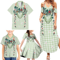 Sage Green Hawaiian Palaka Family Matching Summer Maxi Dress and Hawaiian Shirt Kukui Nut Money Lei - Polynesian Pride