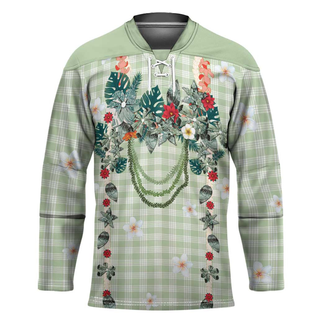 Sage Green Hawaiian Palaka Hockey Jersey Kukui Nut Money Lei LT9 Unisex Green - Polynesian Pride