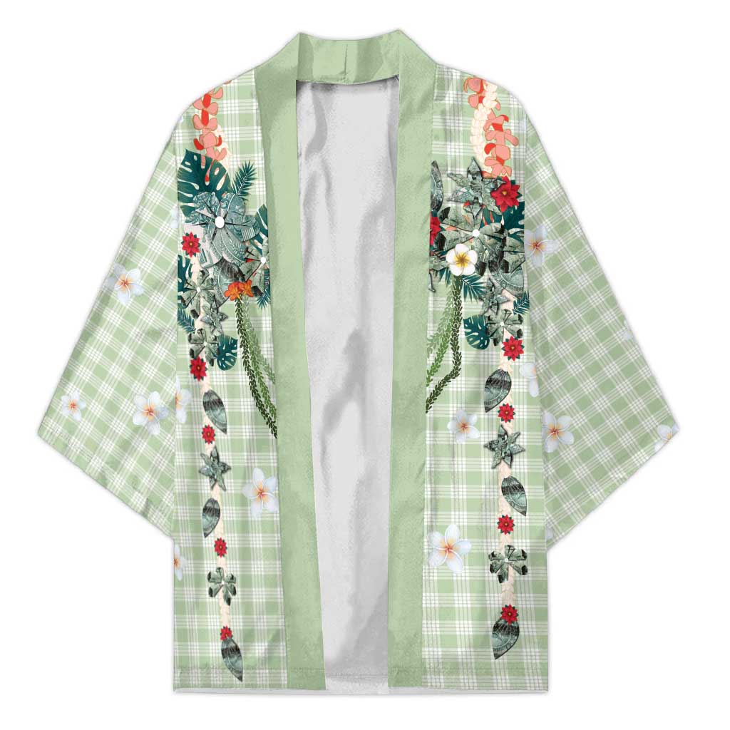 Sage Green Hawaiian Palaka Kimono Kukui Nut Money Lei - Polynesian Pride