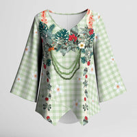 Sage Green Hawaiian Palaka Kimono Sleeve Blouse Kukui Nut Money Lei LT9 Female Green - Polynesian Pride