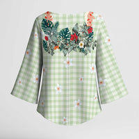 Sage Green Hawaiian Palaka Kimono Sleeve Blouse Kukui Nut Money Lei LT9 - Polynesian Pride