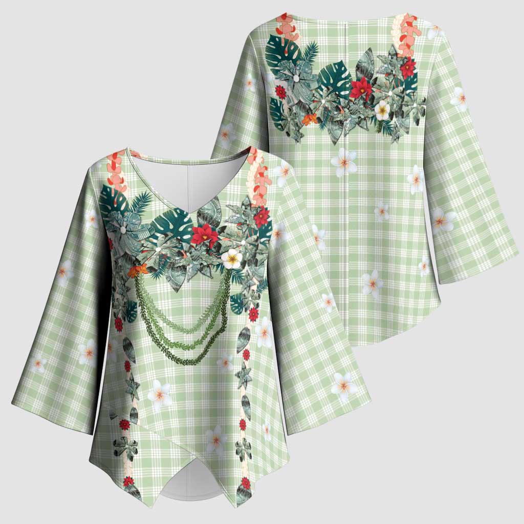 Sage Green Hawaiian Palaka Kimono Sleeve Blouse Kukui Nut Money Lei LT9 - Polynesian Pride