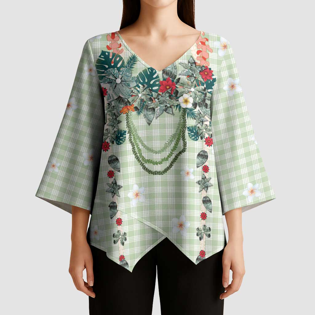 Sage Green Hawaiian Palaka Kimono Sleeve Blouse Kukui Nut Money Lei LT9 - Polynesian Pride