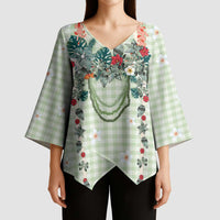 Sage Green Hawaiian Palaka Kimono Sleeve Blouse Kukui Nut Money Lei LT9 - Polynesian Pride