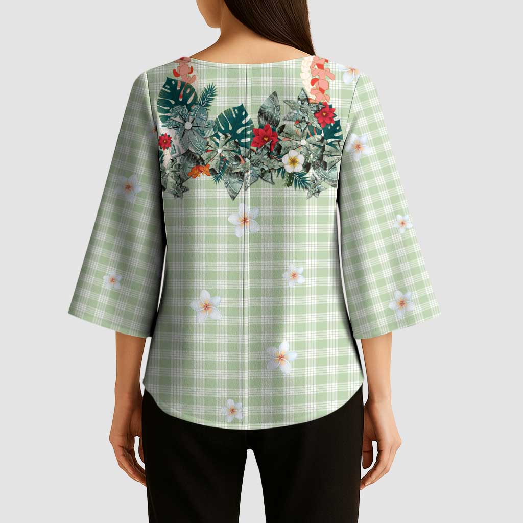 Sage Green Hawaiian Palaka Kimono Sleeve Blouse Kukui Nut Money Lei LT9 - Polynesian Pride