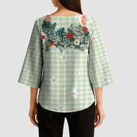 Sage Green Hawaiian Palaka Kimono Sleeve Blouse Kukui Nut Money Lei LT9 - Polynesian Pride