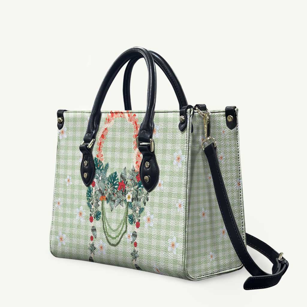 Sage Green Hawaiian Palaka Leather Bag Kukui Nut Money Lei - Polynesian Pride