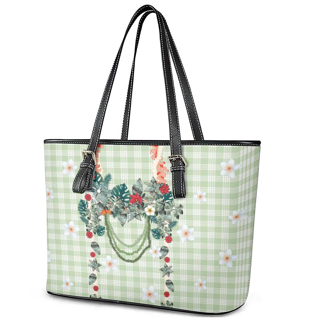 Sage Green Hawaiian Palaka Leather Tote Bag Kukui Nut Money Lei - Polynesian Pride