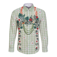 Sage Green Hawaiian Palaka Long Sleeve Button Shirt Kukui Nut Money Lei LT9 Unisex Green - Polynesian Pride
