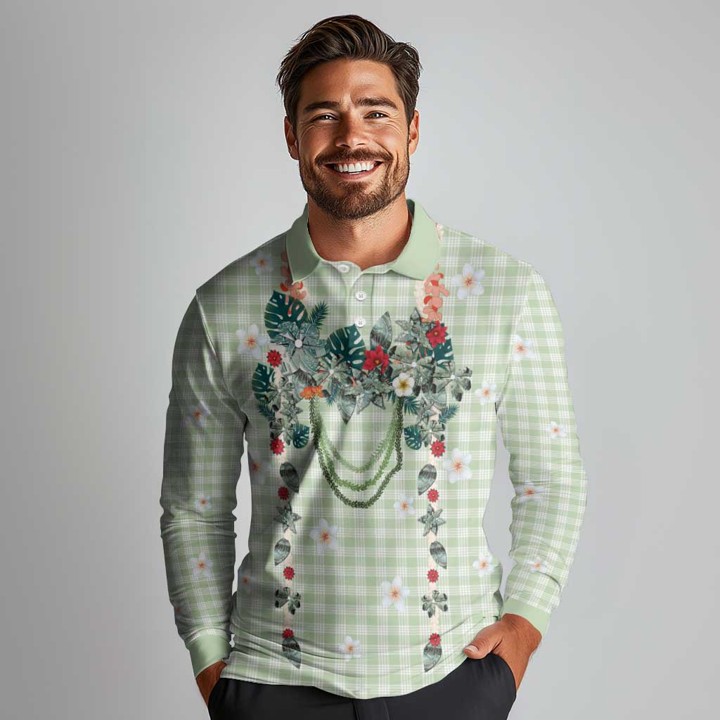 Sage Green Hawaiian Palaka Long Sleeve Polo Shirt Kukui Nut Money Lei - Polynesian Pride