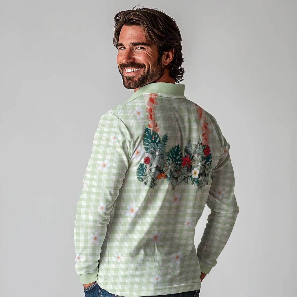 Sage Green Hawaiian Palaka Long Sleeve Polo Shirt Kukui Nut Money Lei - Polynesian Pride
