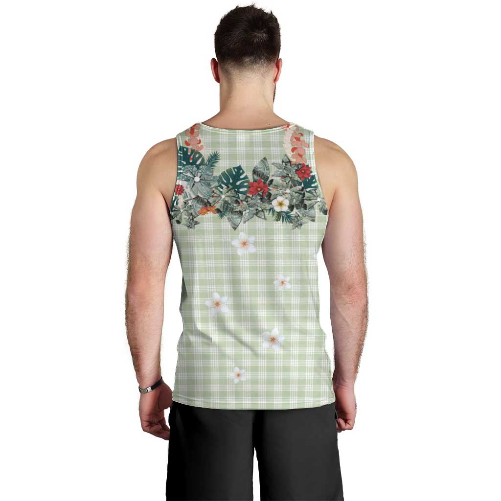 Sage Green Hawaiian Palaka Men Tank Top Kukui Nut Money Lei - Polynesian Pride