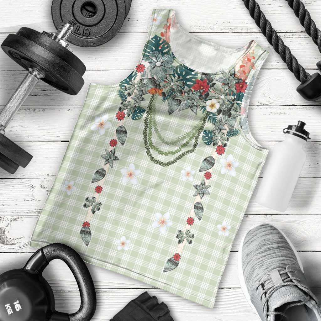 Sage Green Hawaiian Palaka Men Tank Top Kukui Nut Money Lei - Polynesian Pride