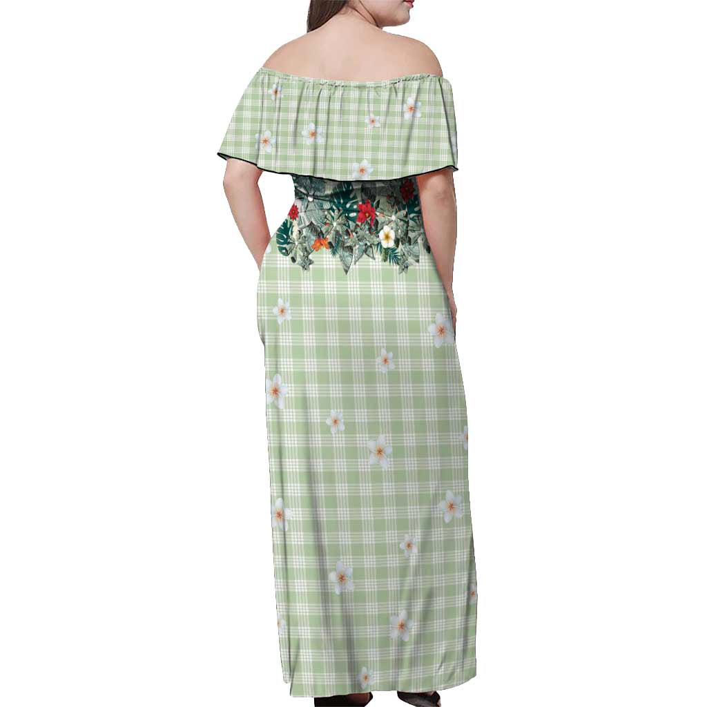 Sage Green Hawaiian Palaka Off Shoulder Maxi Dress Kukui Nut Money Lei - Polynesian Pride