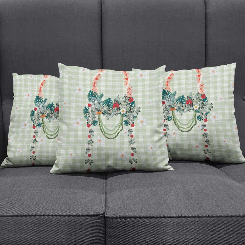 Sage Green Hawaiian Palaka Pillow Cover Kukui Nut Money Lei - Polynesian Pride