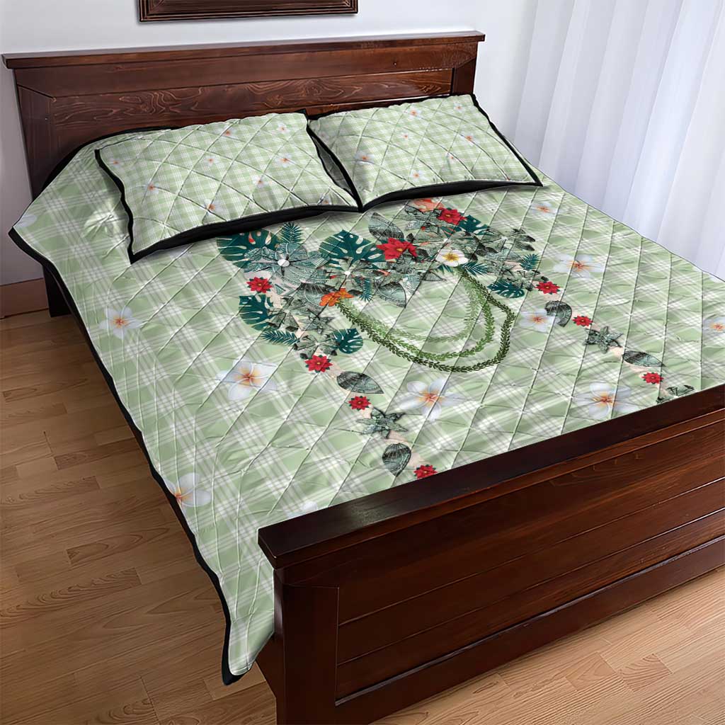 Sage Green Hawaiian Palaka Quilt Bed Set Kukui Nut Money Lei - Polynesian Pride