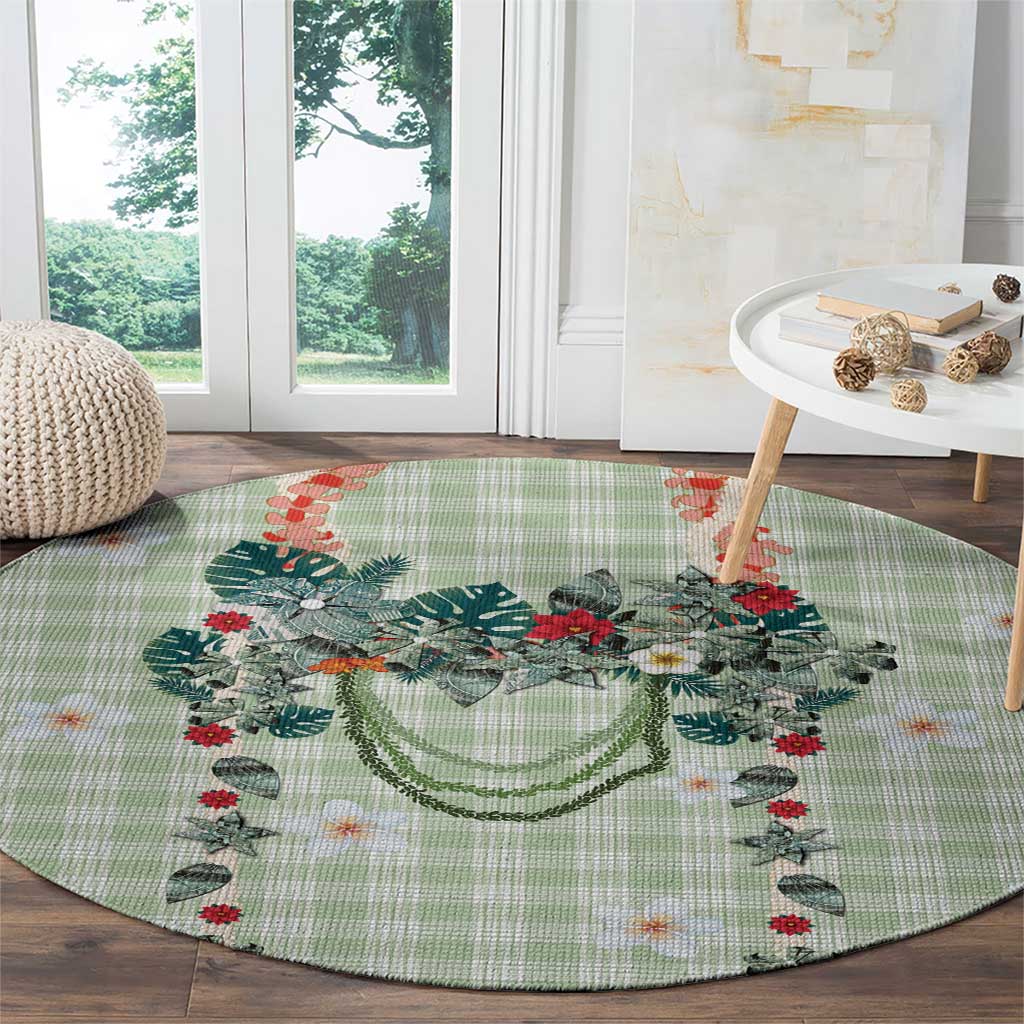 Sage Green Hawaiian Palaka Round Carpet Kukui Nut Money Lei - Polynesian Pride