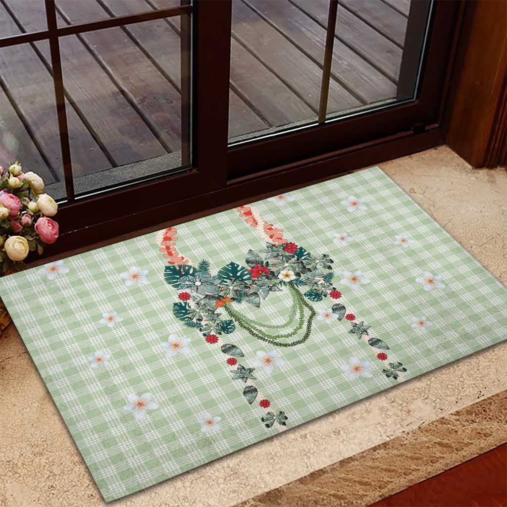 Sage Green Hawaiian Palaka Rubber Doormat Kukui Nut Money Lei LT9 - Polynesian Pride