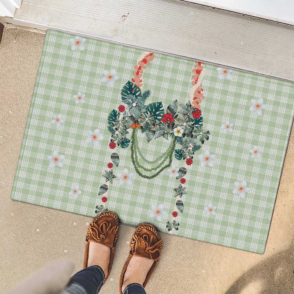 Sage Green Hawaiian Palaka Rubber Doormat Kukui Nut Money Lei LT9 - Polynesian Pride