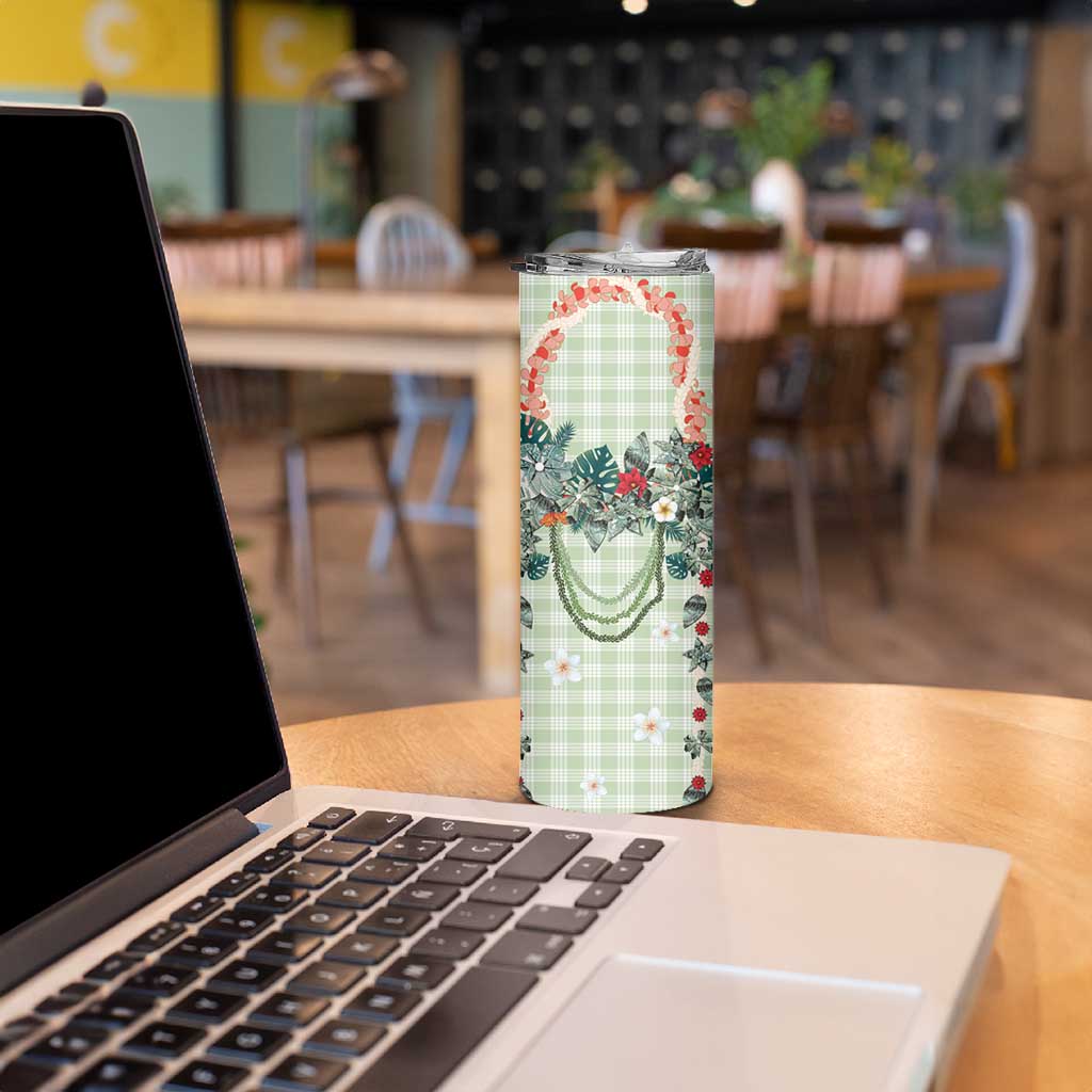 Sage Green Hawaiian Palaka Skinny Tumbler Kukui Nut Money Lei - Polynesian Pride