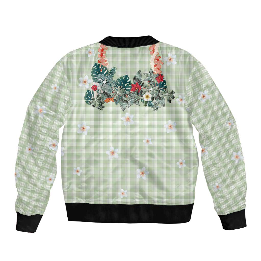 Sage Green Hawaiian Palaka Sleeve Zip Bomber Jacket Kukui Nut Money Lei - Polynesian Pride