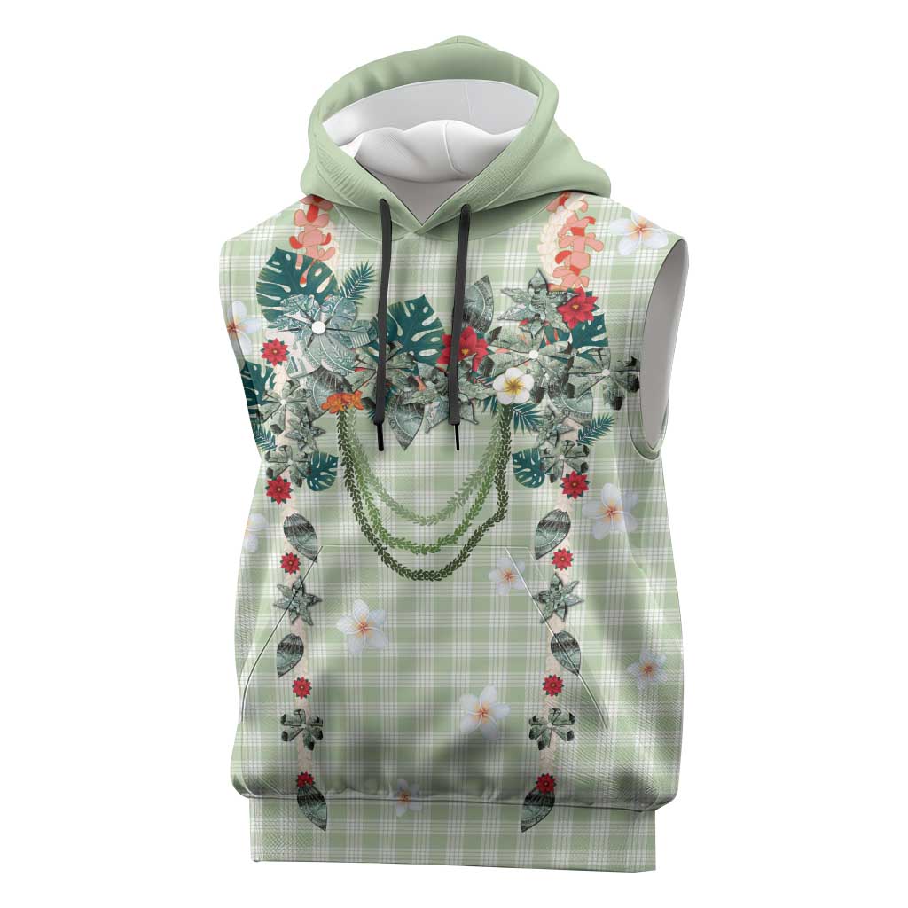 Sage Green Hawaiian Palaka Sleeveless Hoodie Kukui Nut Money Lei LT9 Green - Polynesian Pride