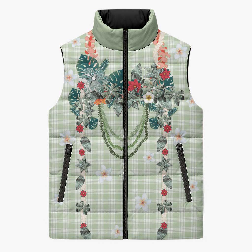 Sage Green Hawaiian Palaka Sleeveless Puffer Jacket Kukui Nut Money Lei LT9 Unisex Green - Polynesian Pride