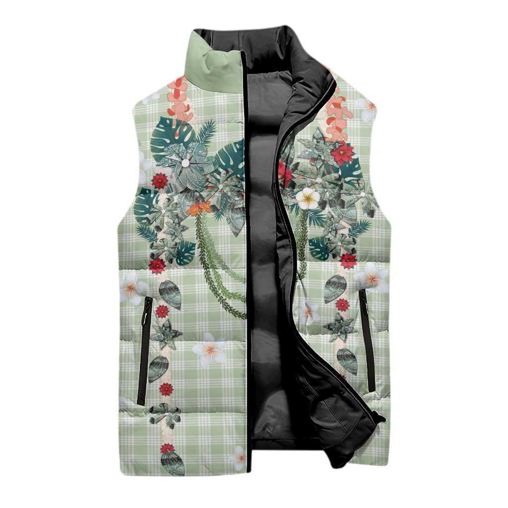 Sage Green Hawaiian Palaka Sleeveless Puffer Jacket Kukui Nut Money Lei LT9 - Polynesian Pride