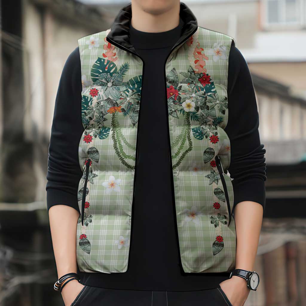 Sage Green Hawaiian Palaka Sleeveless Puffer Jacket Kukui Nut Money Lei LT9 - Polynesian Pride