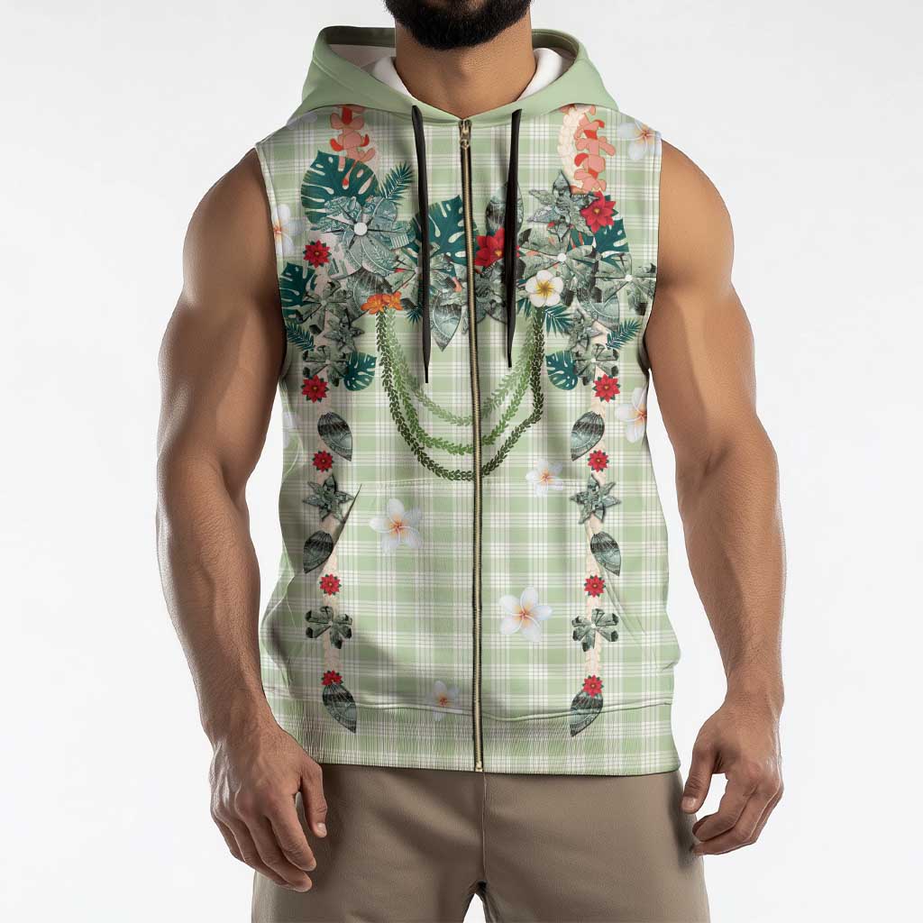 Sage Green Hawaiian Palaka Sleeveless Zip Hoodie Kukui Nut Money Lei - Polynesian Pride