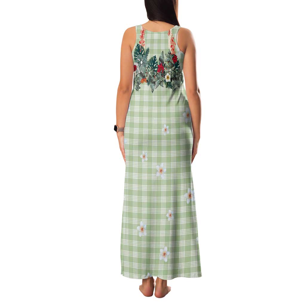 Sage Green Hawaiian Palaka Tank Maxi Dress Kukui Nut Money Lei - Polynesian Pride