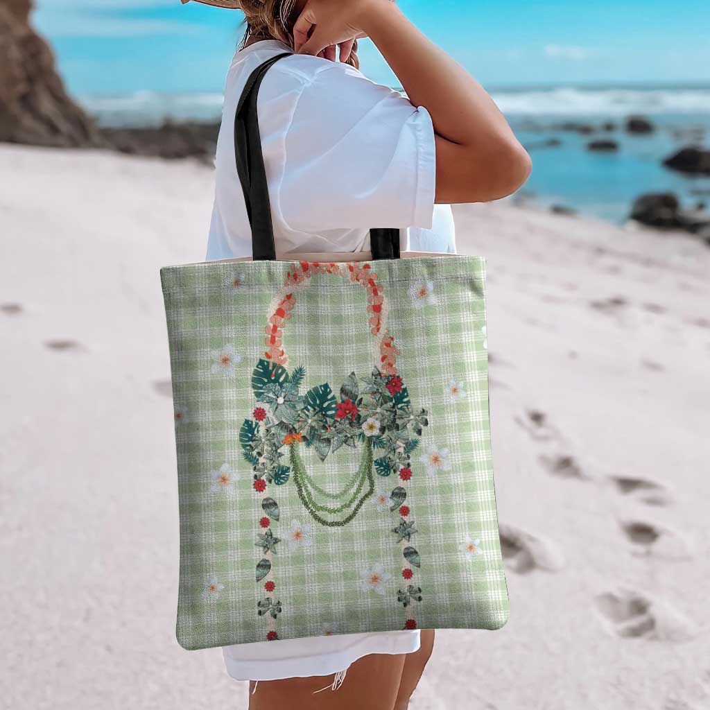 Sage Green Hawaiian Palaka Tote Bag Kukui Nut Money Lei - Polynesian Pride