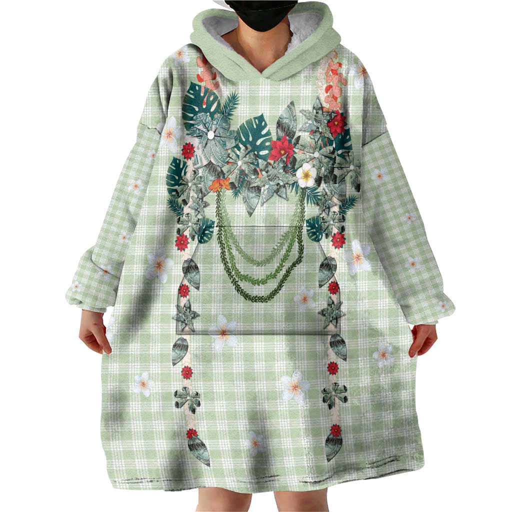 Sage Green Hawaiian Palaka Wearable Blanket Hoodie Kukui Nut Money Lei LT9 - Polynesian Pride