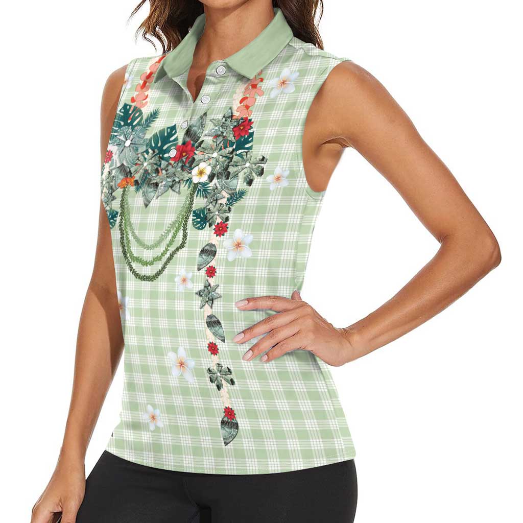 Sage Green Hawaiian Palaka Women Sleeveless Polo Shirt Kukui Nut Money Lei - Polynesian Pride