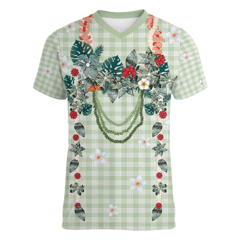 Sage Green Hawaiian Palaka Women V-Neck T-Shirt Kukui Nut Money Lei - Polynesian Pride