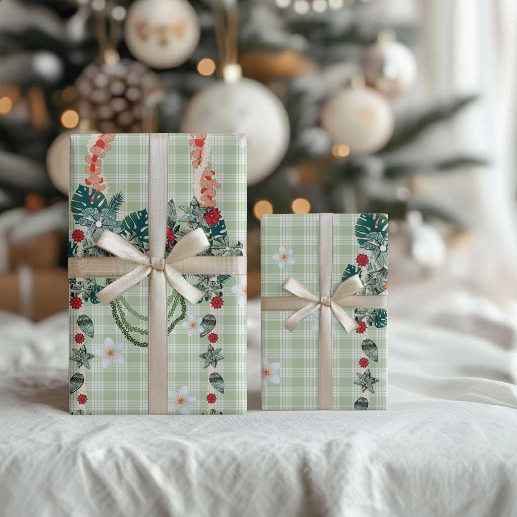 Sage Green Hawaiian Palaka Wrapping Paper Kukui Nut Money Lei - Polynesian Pride