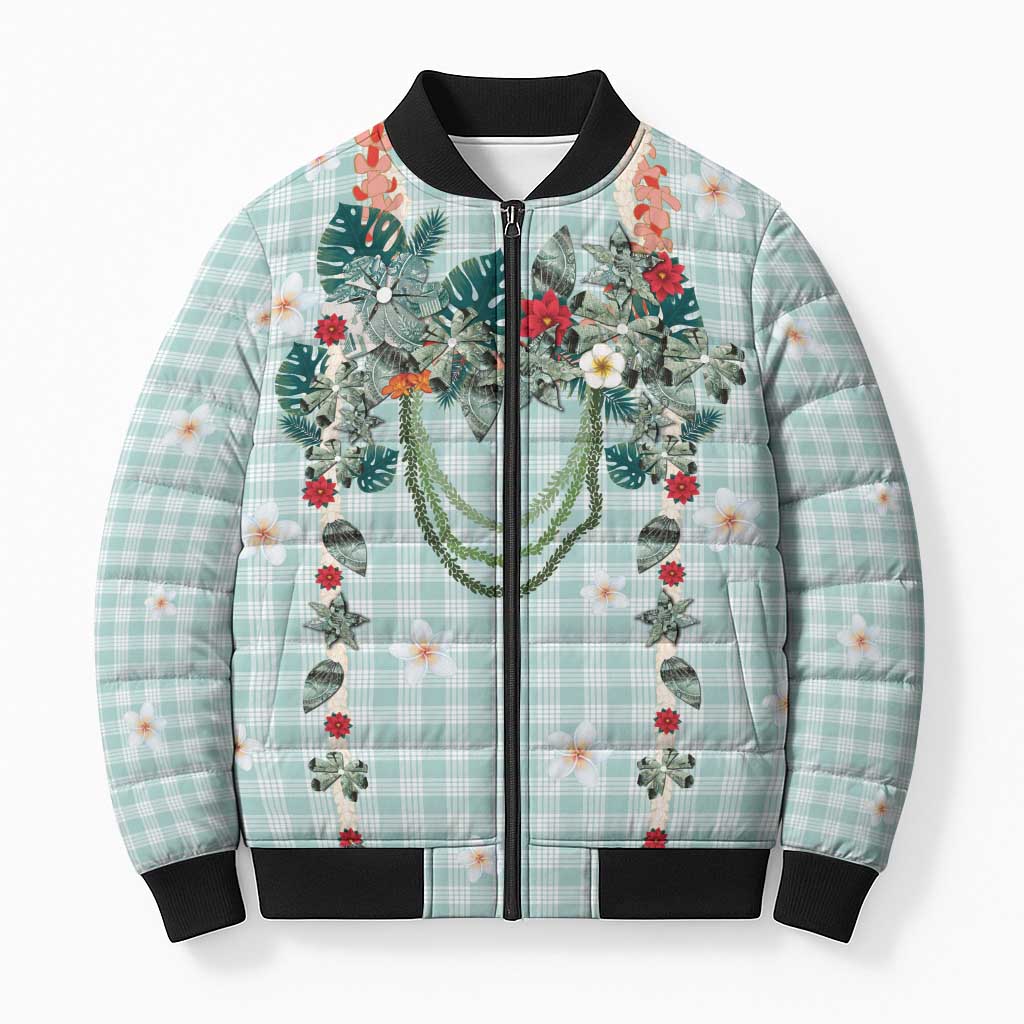 Turquoise Hawaiian Palaka Bomber Puffer Jacket Kukui Nut Money Lei LT9 Unisex Turquoise - Polynesian Pride
