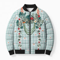 Turquoise Hawaiian Palaka Bomber Puffer Jacket Kukui Nut Money Lei LT9 Unisex Turquoise - Polynesian Pride