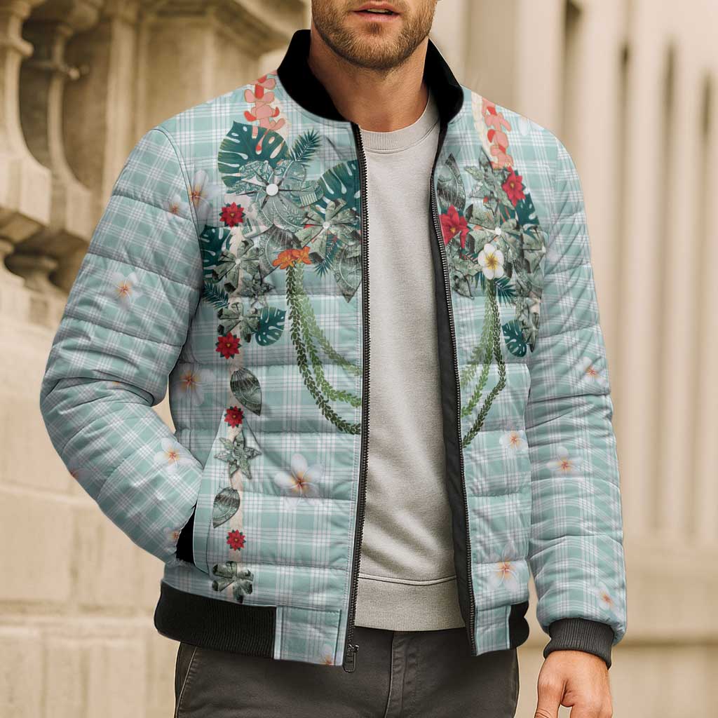 Turquoise Hawaiian Palaka Bomber Puffer Jacket Kukui Nut Money Lei LT9 - Polynesian Pride