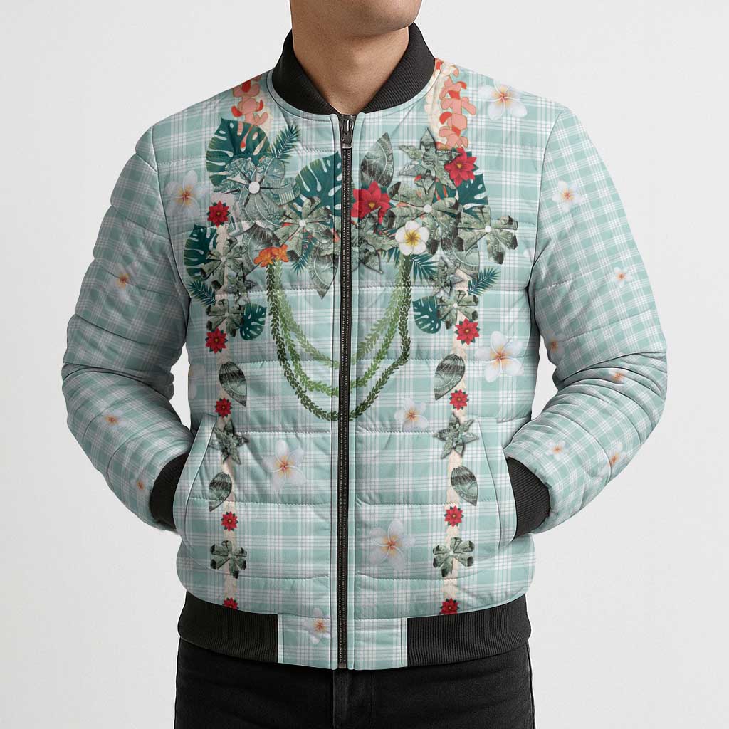 Turquoise Hawaiian Palaka Bomber Puffer Jacket Kukui Nut Money Lei LT9 - Polynesian Pride