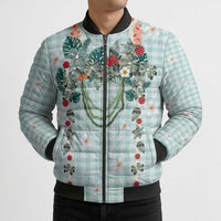 Turquoise Hawaiian Palaka Bomber Puffer Jacket Kukui Nut Money Lei LT9 - Polynesian Pride