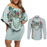 Turquoise Hawaiian Palaka Couples Matching Off Shoulder Short Dress and Long Sleeve Button Shirt Kukui Nut Money Lei - Polynesian Pride
