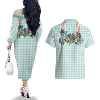 Turquoise Hawaiian Palaka Couples Matching Off The Shoulder Long Sleeve Dress and Hawaiian Shirt Kukui Nut Money Lei - Polynesian Pride