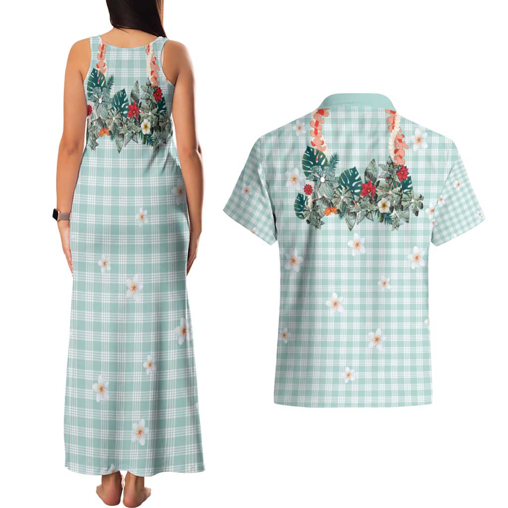 Turquoise Hawaiian Palaka Couples Matching Tank Maxi Dress and Hawaiian Shirt Kukui Nut Money Lei - Polynesian Pride