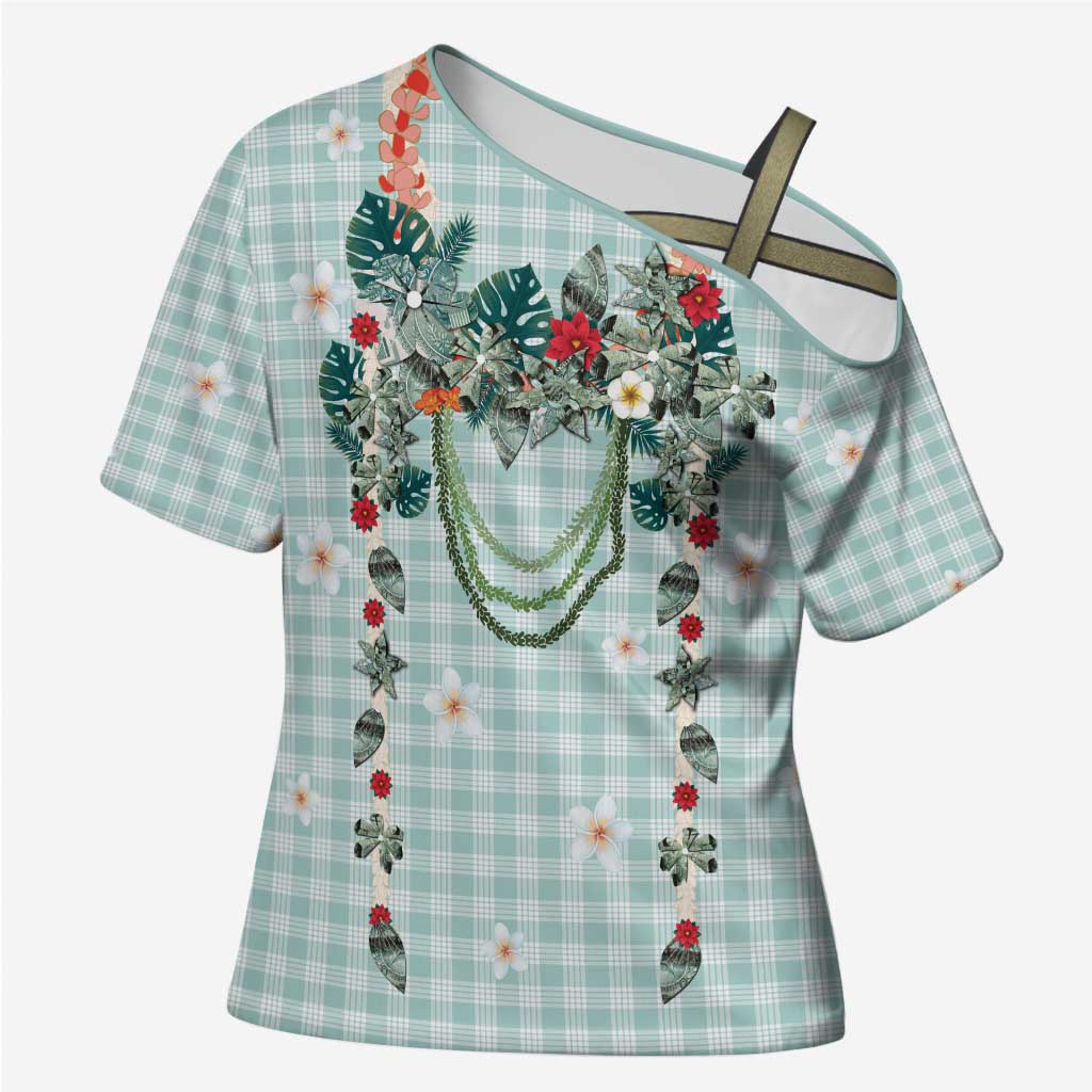 Turquoise Hawaiian Palaka Cross Shoulder Shirt Kukui Nut Money Lei LT9 Female Turquoise - Polynesian Pride