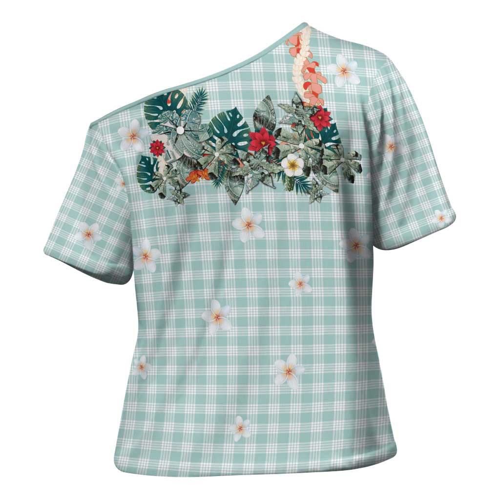 Turquoise Hawaiian Palaka Cross Shoulder Shirt Kukui Nut Money Lei LT9 - Polynesian Pride