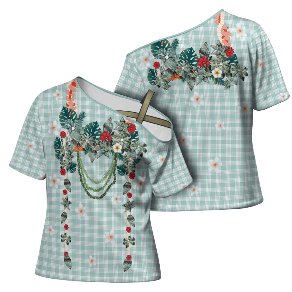 Turquoise Hawaiian Palaka Cross Shoulder Shirt Kukui Nut Money Lei LT9 - Polynesian Pride