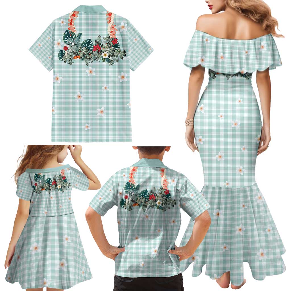 Turquoise Hawaiian Palaka Family Matching Mermaid Dress and Hawaiian Shirt Kukui Nut Money Lei - Polynesian Pride