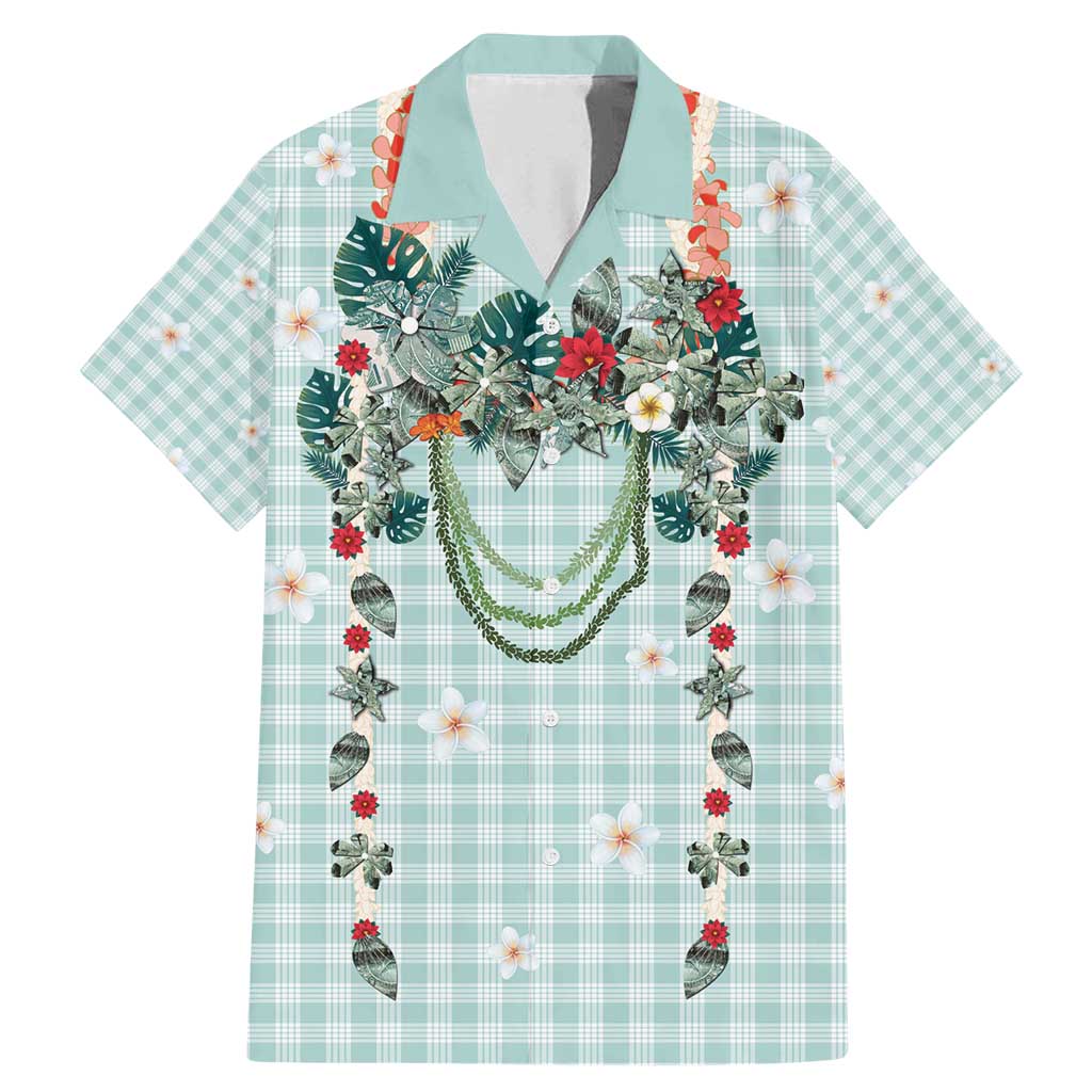 Turquoise Hawaiian Palaka Family Matching Mermaid Dress and Hawaiian Shirt Kukui Nut Money Lei - Polynesian Pride